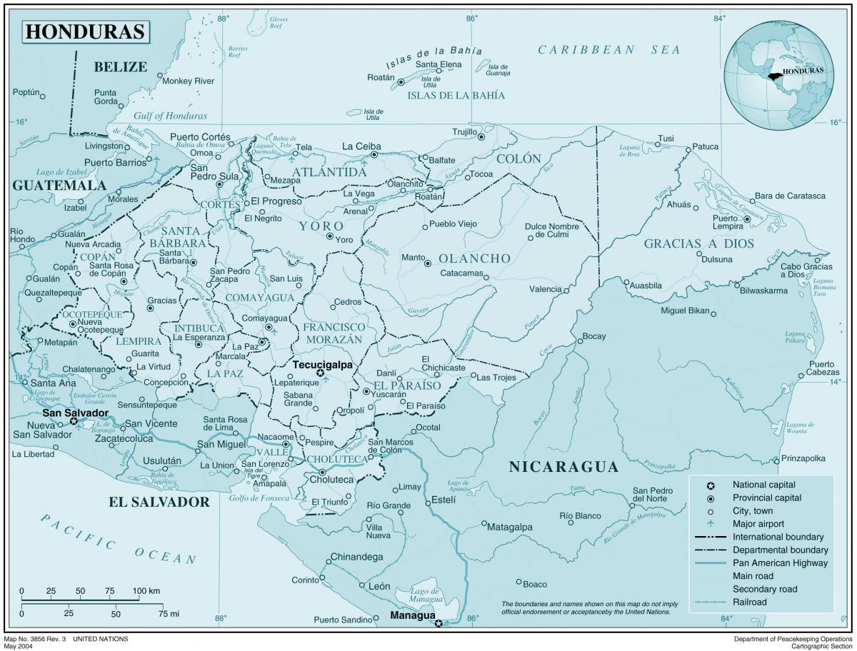 mapa fizički mapu Hondurasu