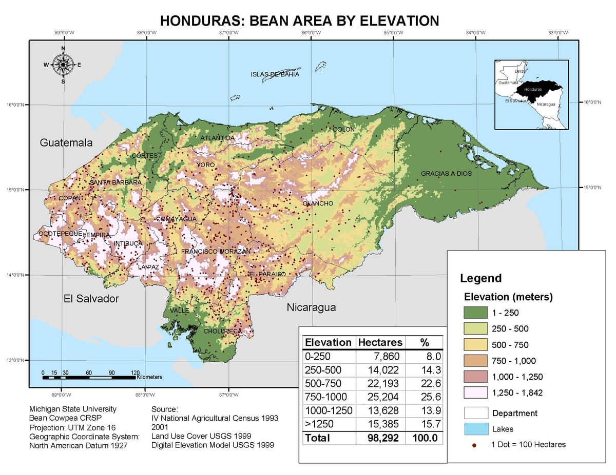 mapa Hondurasu elevacija