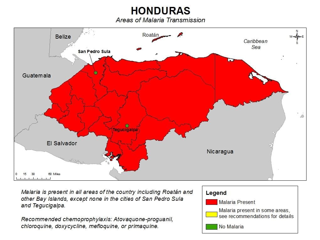 mapa Hondurasu malariju