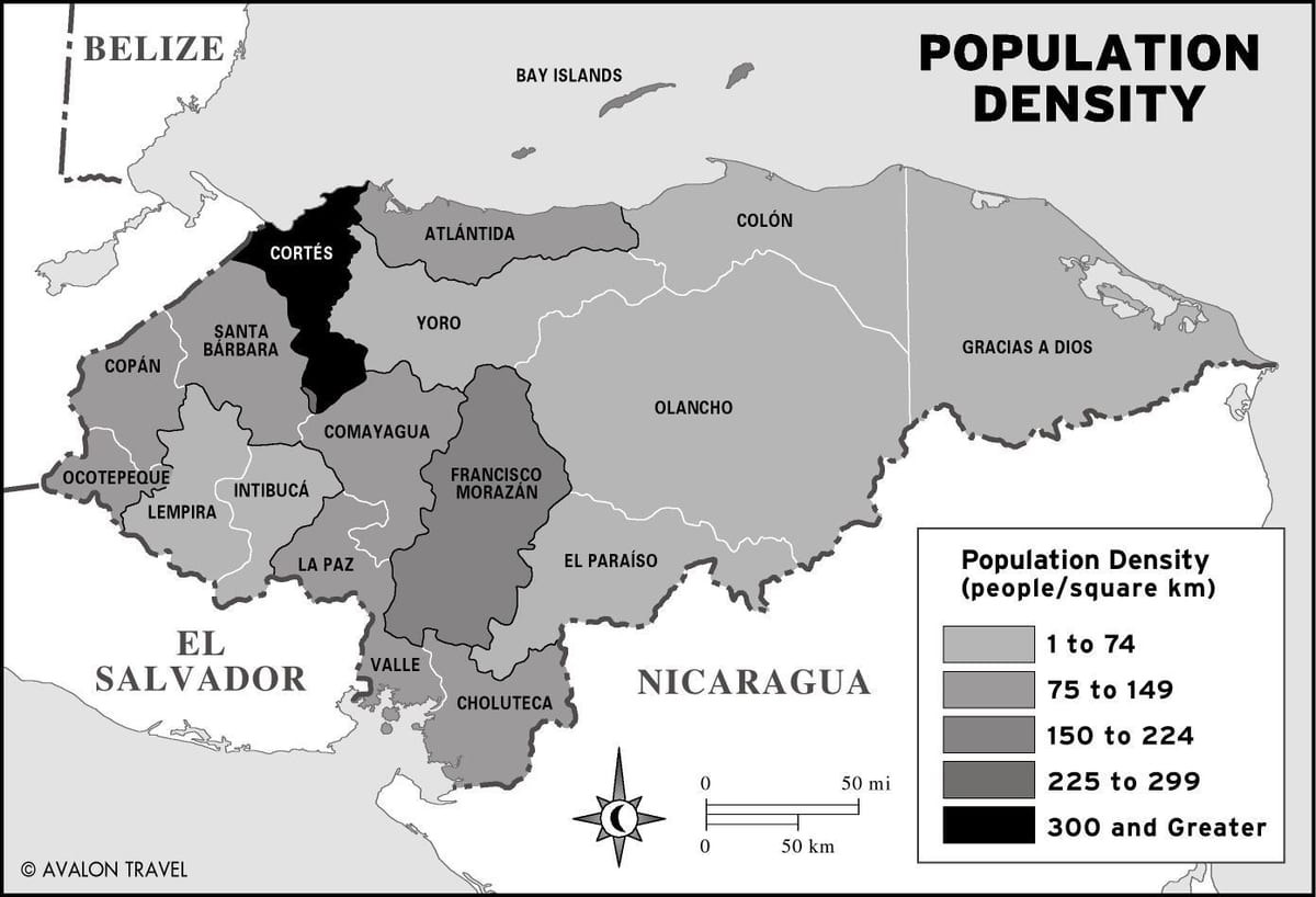 mapa Hondurasu populacije