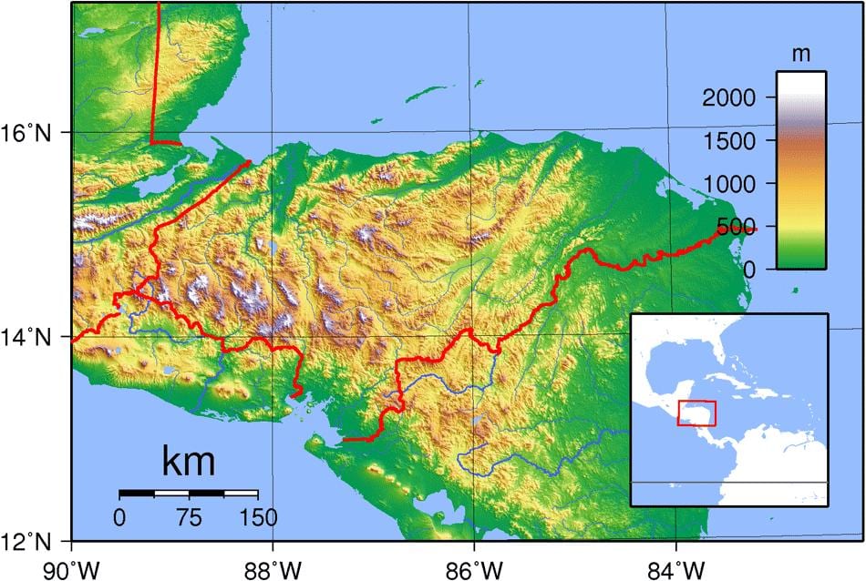 mapa Hondurasu topografske